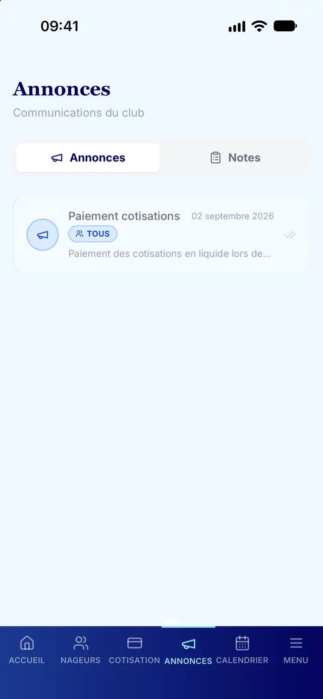 Écran « Annonces » de l'application LCDB — Portail Parents : communications du club